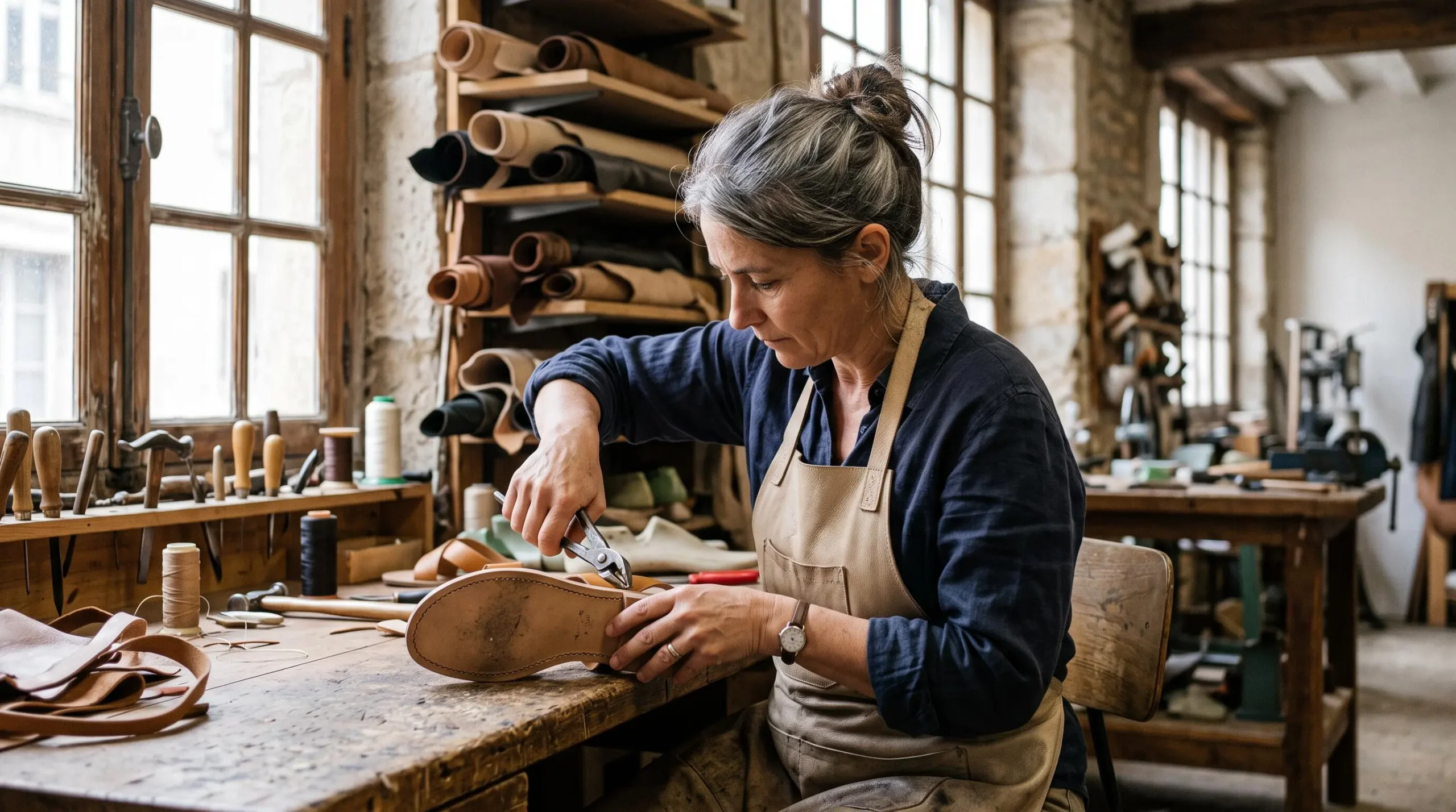 Artisane cordonnière française assemblant une sandale en cuir camel sur son établi dans un atelier de Romans-sur-Isère, mains en action sur le produit, contexte authentique de fabrication locale