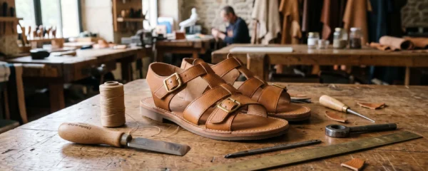 Paire de sandales en cuir pleine fleur camel posée sur un établi de cordonnerie en bois, entourée d'outils traditionnels de maroquinerie dans un atelier artisanal français