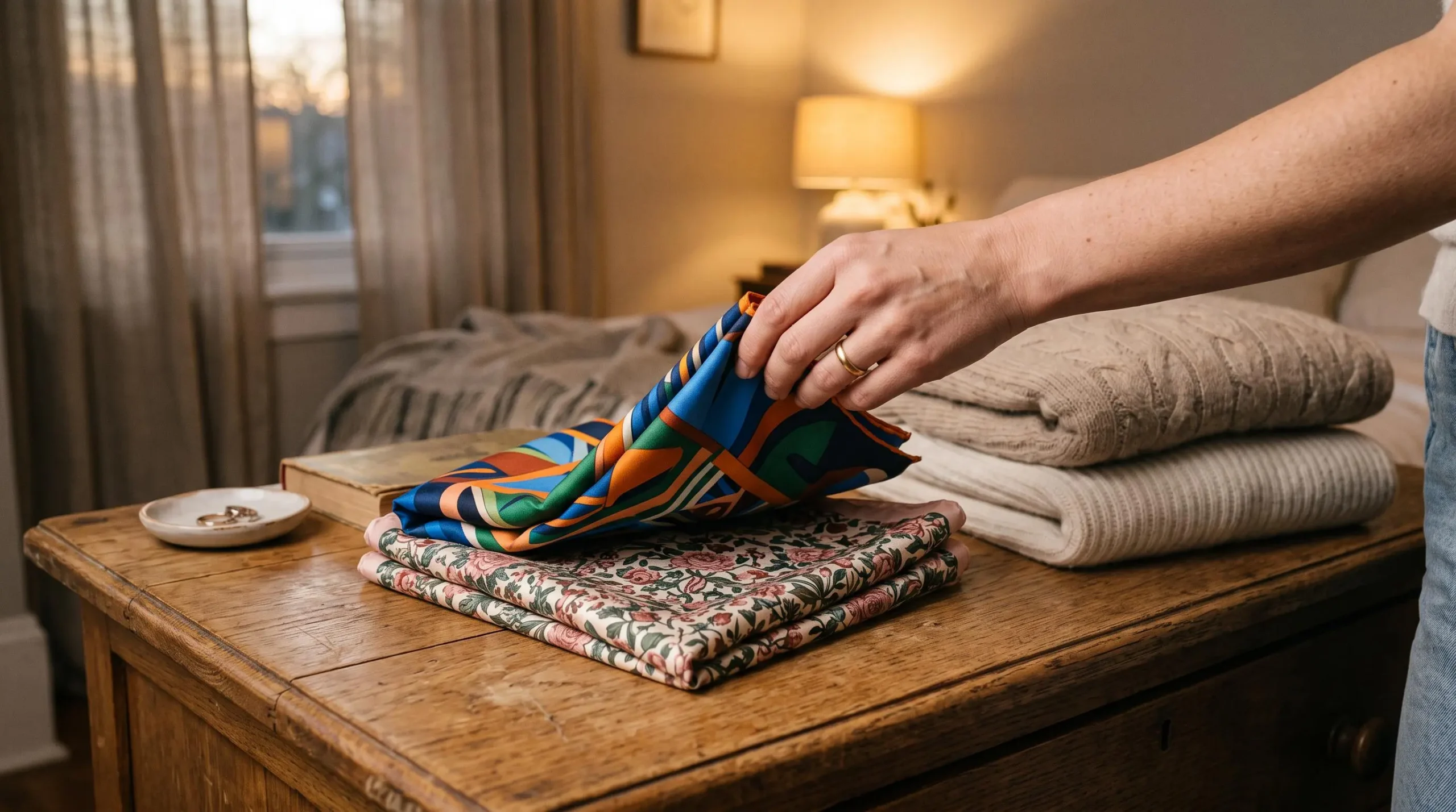 Une main saisit un foulard imprimé posé à côté de vêtements neutres.