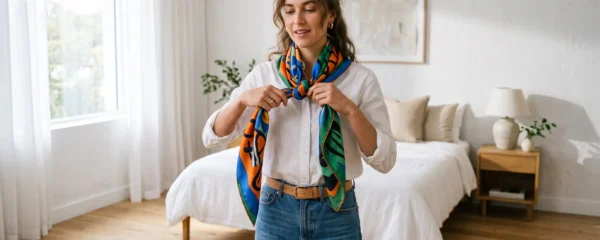 Une femme noue un foulard carré imprimé sur une chemise blanche dans sa chambre.