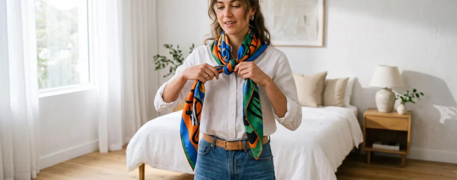 Une femme noue un foulard carré imprimé sur une chemise blanche dans sa chambre.
