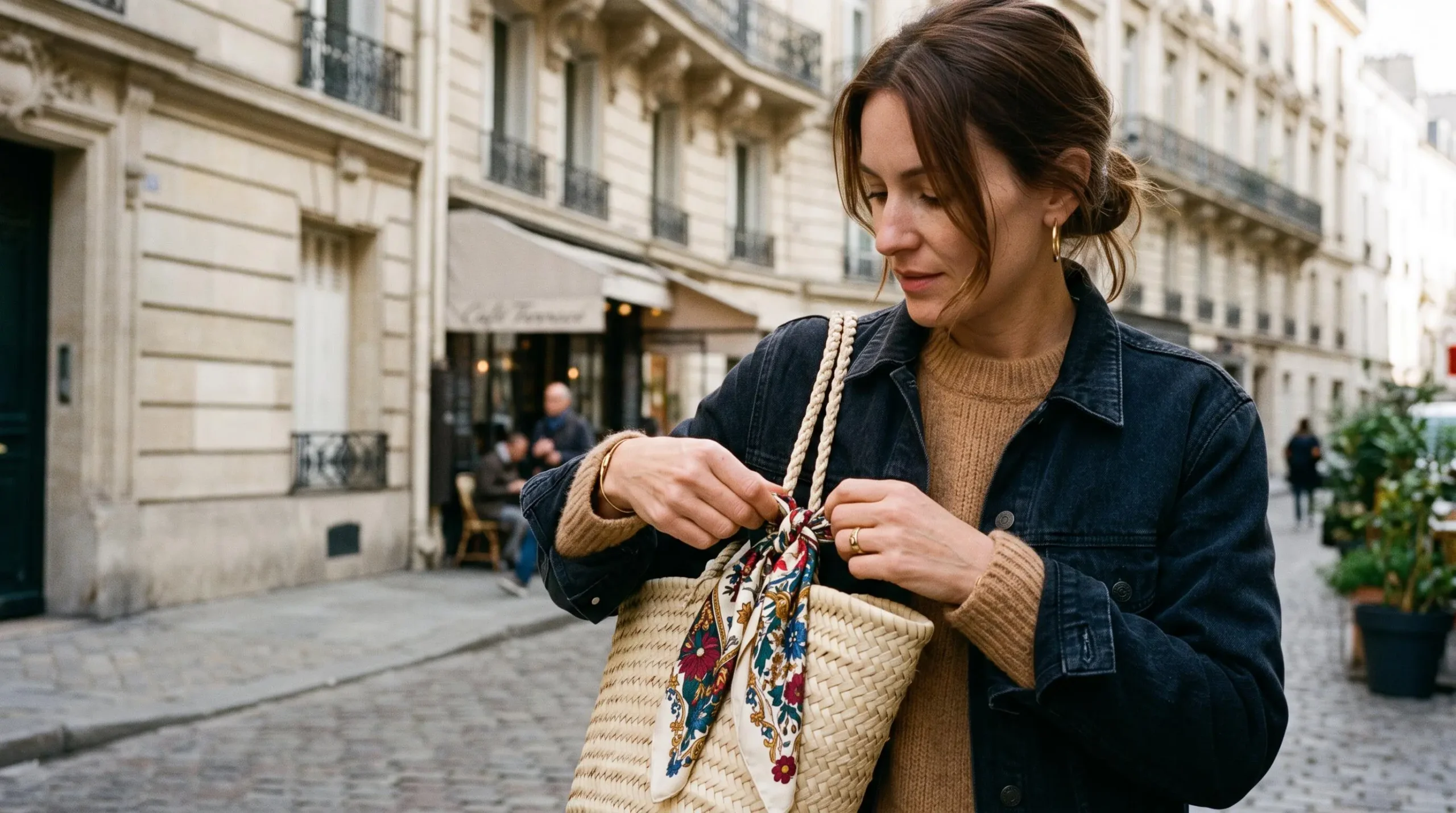 Une femme noue un foulard floral au anse d'un sac beige en ville.