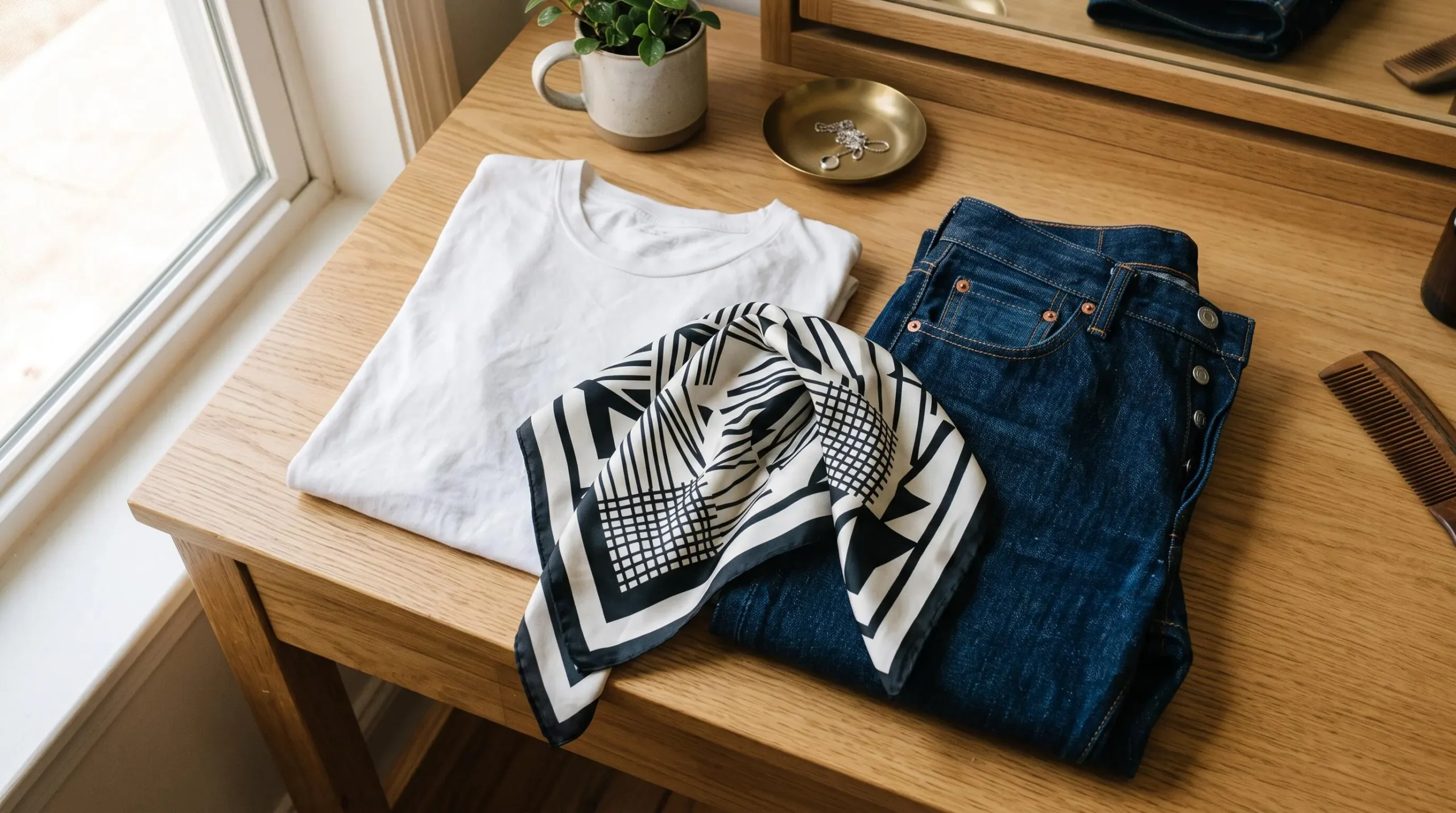 Un foulard à imprimé graphique posé sur un t-shirt blanc et un jean brut.